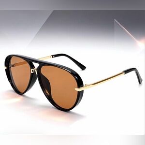 Aviator-Style Black & Brown Sunglasses with Gold Temples